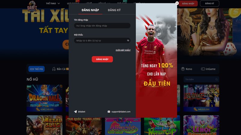 Giao diện đăng nhập DABET